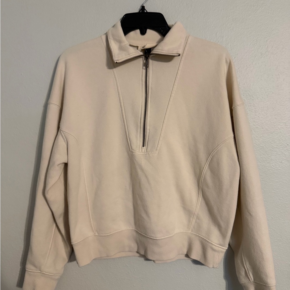 Cream Cropped French Terry Quarter Zip Sweatshirt -M
